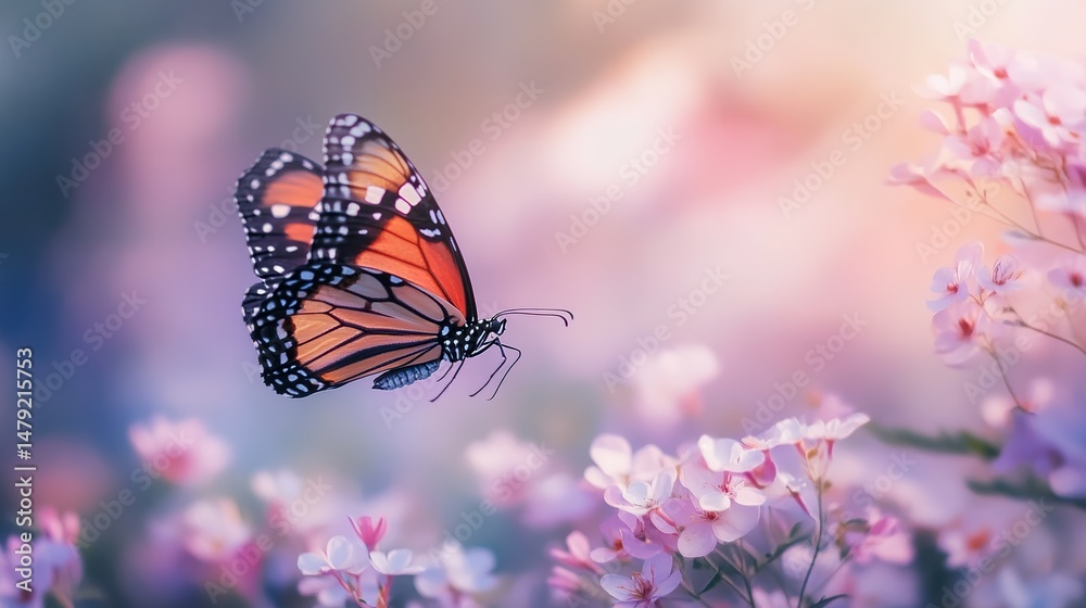Obraz premium A soft-focus image of a butterfly dancing around blooming flowers.