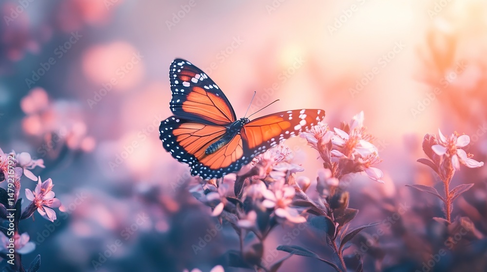 Naklejka premium A soft-focus image of a butterfly dancing around blooming flowers.