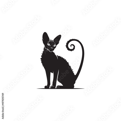 Bilde på lerret Cornish Rex Cat Vector Silhouette: Sleek and Curly-Coated Feline Design Highlighting the Breed’s Distinctive Ears, Wavy Fur, and Slender Frame in a Minimalist Vector Art Style