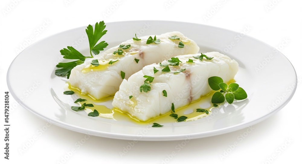 Delicious poached fish fillets gleam invitingly under soft light, herbs garnish.. AI Generated Delicious poached fish fillets gleam invitingly under soft light, herbs garnish.. AI Generated