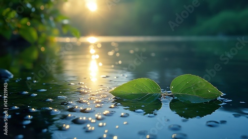 green leaves and water reflection