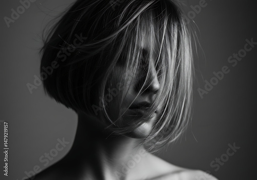 Artistic black and white portrait of a woman with short hair emphasizing mood and emotion photo