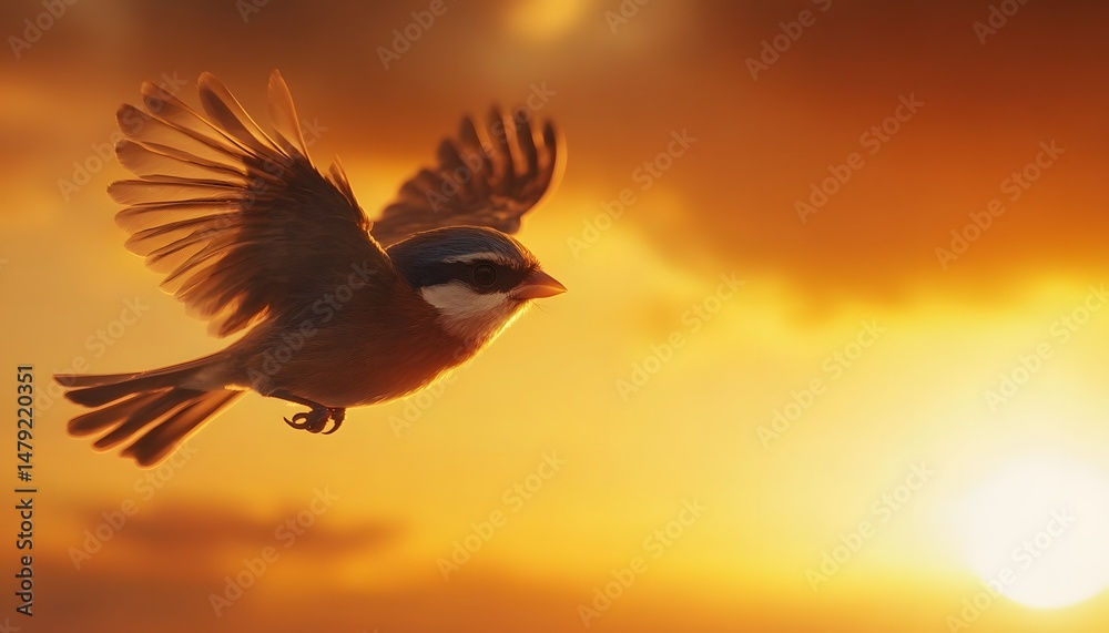 Obraz premium A small bird soaring through a radiant sunset sky.
