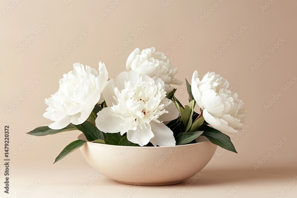 Obraz premium A serene composition of white peonies arranged in a simple beige bowl. set against a soft. neutral background. creating a tranquil atmosphere perfect for home decor