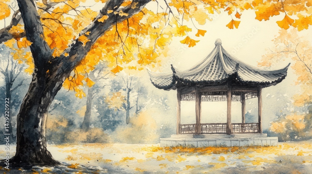 Obraz premium A serene autumn scene featuring a traditional gazebo surrounded by vibrant yellow ginkgo leaves. with soft sunlight filtering through a misty background. creating a tranquil atmosphere