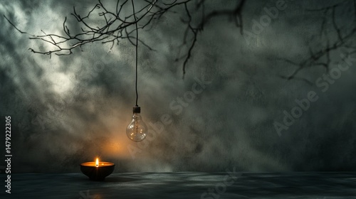 48.A moody artistic shot of a bare light bulb, unlit, hanging near a small, flickering candle, with shadows dancing on a dark, empty background.