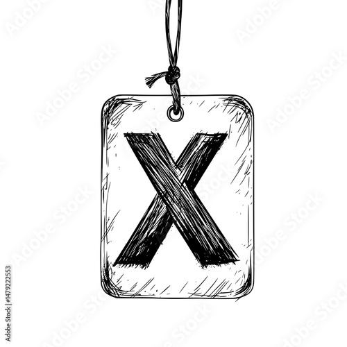 Distressed hanging X mark tag with rough texture symbolizing warning, cancellation, or restriction in grunge design style