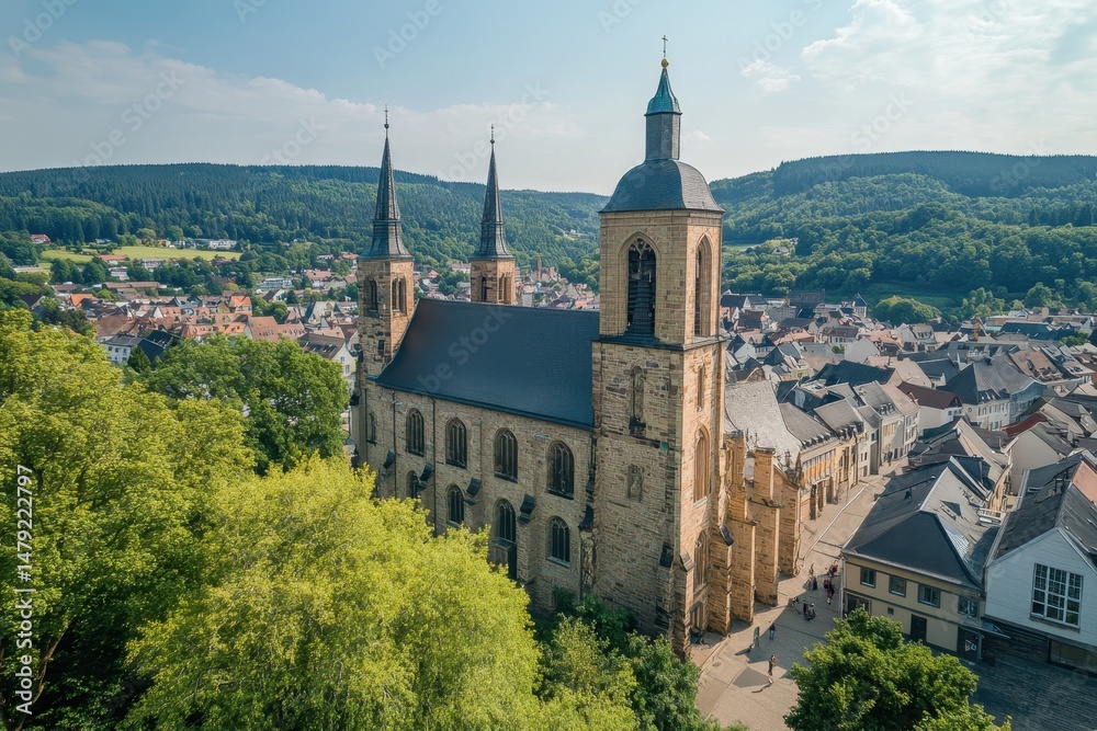 View of the historic town of Meiningen showcasing its architectural beauty and lush natural surroundings, Aerial view of the old town of the city Meiningen in Germany, Thuringia on a sunny day in View of the historic town of Meiningen showcasing its architectural beauty and lush natural surroundings, Aerial view of the old town of the city Meiningen in Germany, Thuringia on a sunny day in