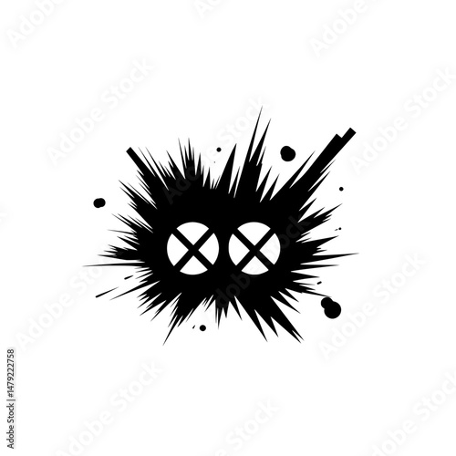 Splattered ink icon with crossed eyes and droplet trails portraying exhaustion, malfunction, or failure