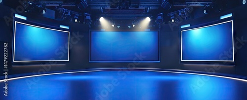 A modern television studio with multiple screens displaying news and information. featuring a circular stage and dynamic blue lighting. ideal for broadcasting and media production
