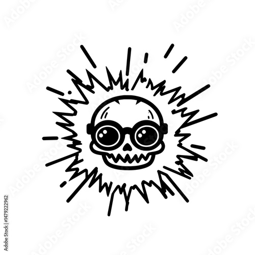 Black and white cartoon skull with glasses inside energy burst indicating hacker alert or digital disruption