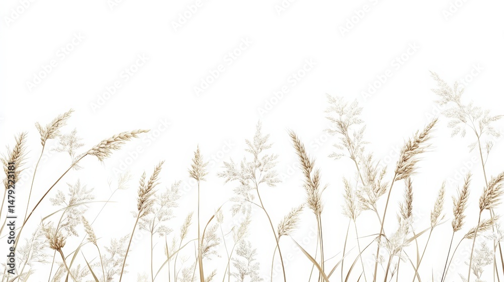 Fototapeta Natural Dried Grass Stems on White Background for Minimal Design