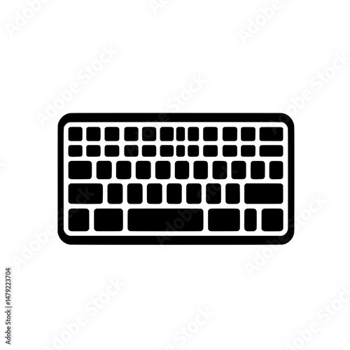 Flat black and white icon of a modern computer keyboard with full key layout for technology interface design