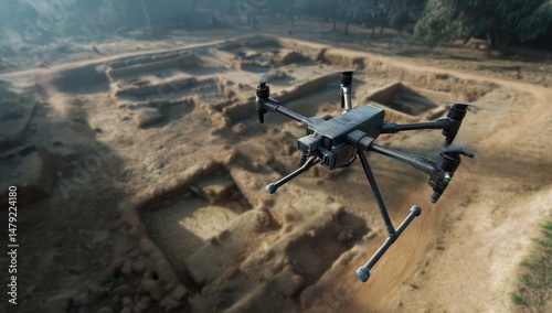 Digital mapping drone surveying an expansive archaeological site for detailed topographical analysis.