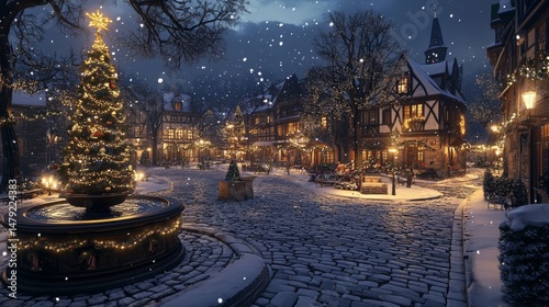 94.A cozy, quiet European town square at night, with Christmas lights draped across tree branches, a small fountain sparkling with holiday lights, and snow gently falling on the cobblestone roads.