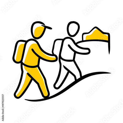 Two hikers walking on a trail with backpacks and mountains ahead  