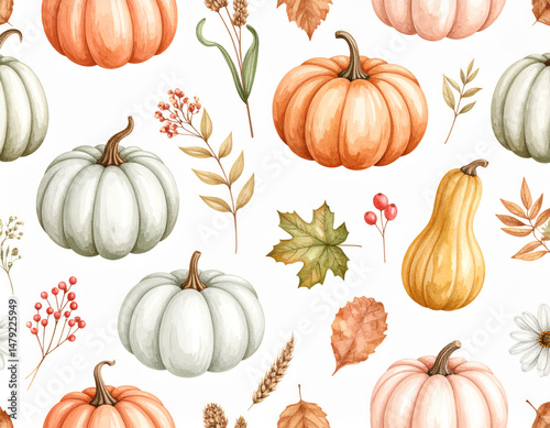 Beautiful autumn pumpkins in various colors, including orange, white, and yellow, surrounded by leaves and berries, create warm and inviting seasonal pattern