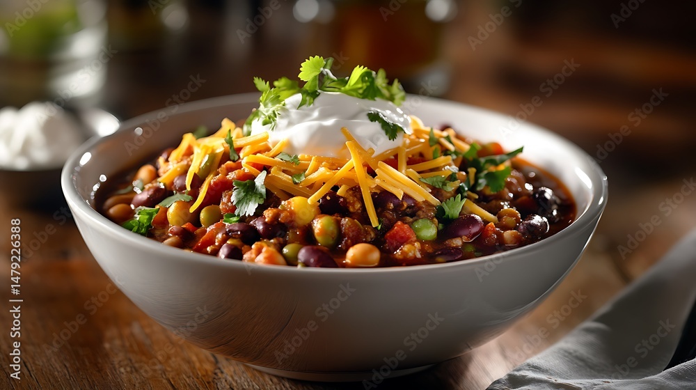 Fototapeta premium Bowl of Chili with Beans, Corn, and Toppings