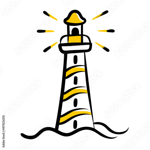 Lighthouse illustration with yellow accents and ocean waves  