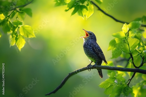 Cuckoo bird calling in a sunlit forest during springtime in Europe, Common cuckoo song, European bird call, Cuculus canorus singing