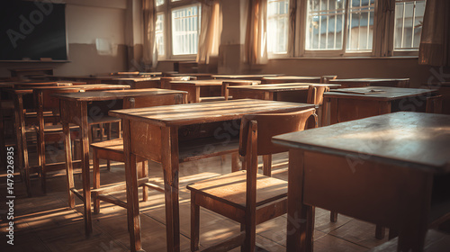 Empty high school classroom with vintage wooden desks and chairs arranged in neat rows, soft morning light coming through the windows, back to school atmosphere, clean space with blank area 