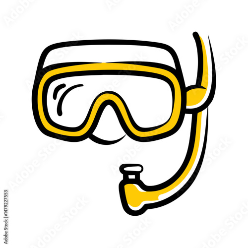 Scuba diving mask with snorkel in yellow and black outline design  