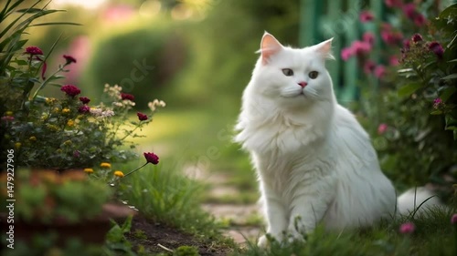 White Cat in Garden with Flowers – Photorealistic 8K Image, Blurry AI Generate Video Defocus