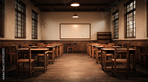 Softly lit vintage classroom with aligned wooden chairs and desks, view from the back of the room looking toward a blank whiteboard, layout includes negative space at the top for text 