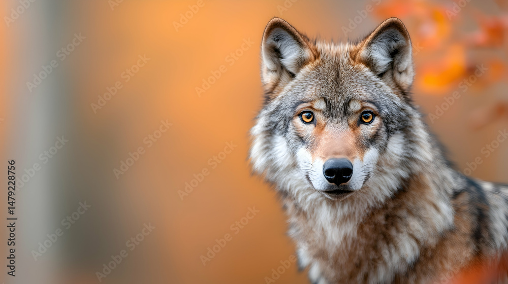 Obraz premium Gray Wolf Portrait in Autumn Forest