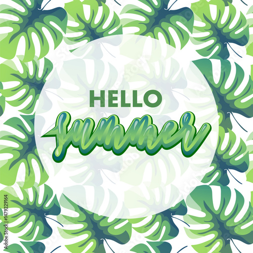 hello summer vector illustration with monstera leaves