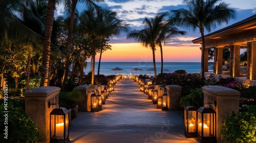 Elegant beachfront pathway with lanterns, tropical flora, and luxury resort atmosphere