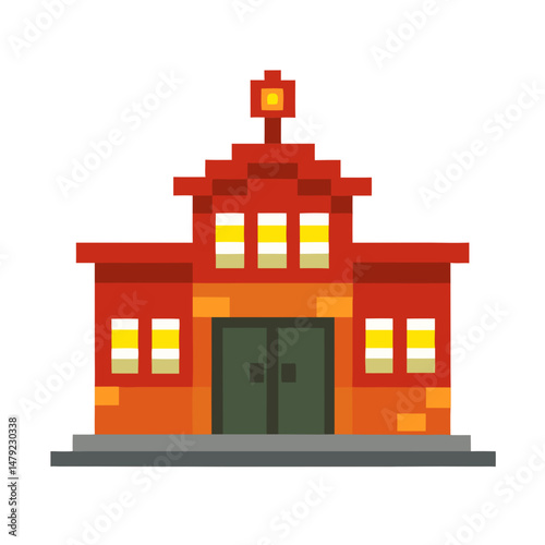 Pixel art fire station with a red exterior and green doors