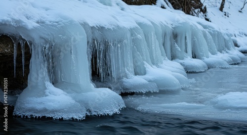 Frozen waterfall representing winter's grip and natural beauty, with icicles and flowing water