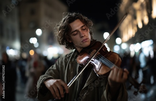 Street musician playing violin in city at night photo