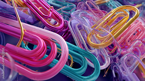3d realistic colorful collection of paperclips with paper.