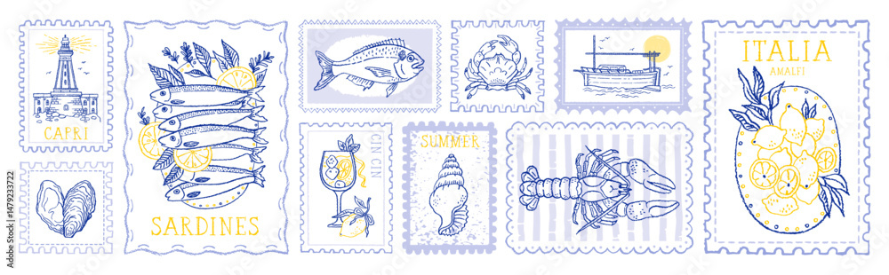 Summer stamp from Italy. Lemon vintage postcard. Summer illustration, vector design with Italian Amalfi beach. Post stamp pattern. Retro Italy vacation, sea travel. Lemon, lobster, lighthouse frame bg
