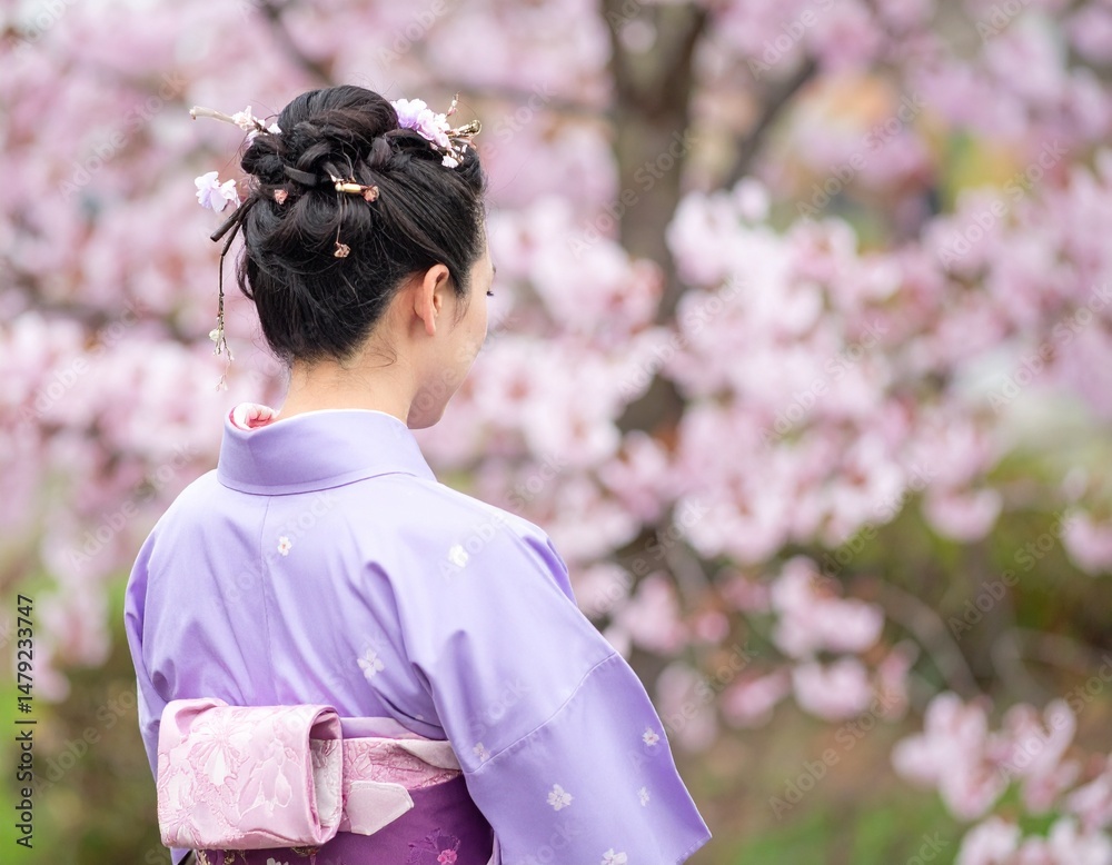 A woman gracefully wears a vibrant purple kimono adorned with delicate pink flowers, standing in a serene garden, exuding elegance and tranquility. A woman gracefully wears a vibrant purple kimono adorned with delicate pink flowers, standing in a serene garden, exuding elegance and tranquility.