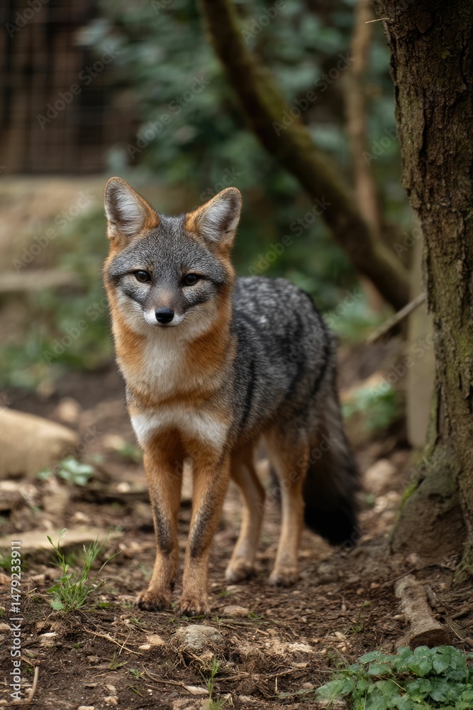 Fototapeta premium Gray Fox Portrait: Serene Woodland Gaze in Natural Light