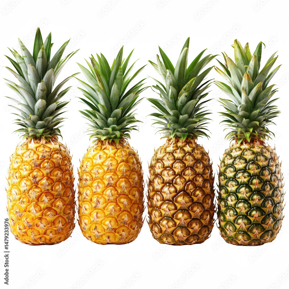 Fototapeta premium Four ripe pineapples in a row on white background. Golden and green spiky crowns with textured skin. Freshness and tropical abundance. For food ads, menus, and packaging.