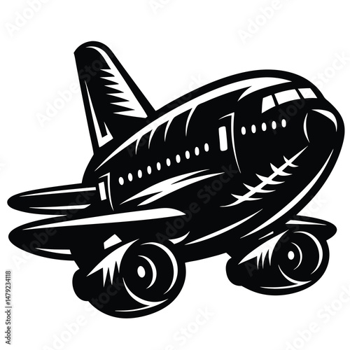 Stylized Black and White Passenger Airplane Illustration with Bold Outlines and Graphics