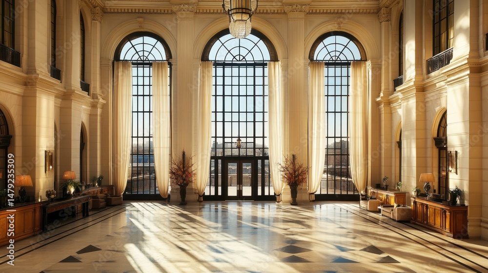 Obraz premium High-ceiling luxury lobby space with floor-to-ceiling drapes and custom interior decor