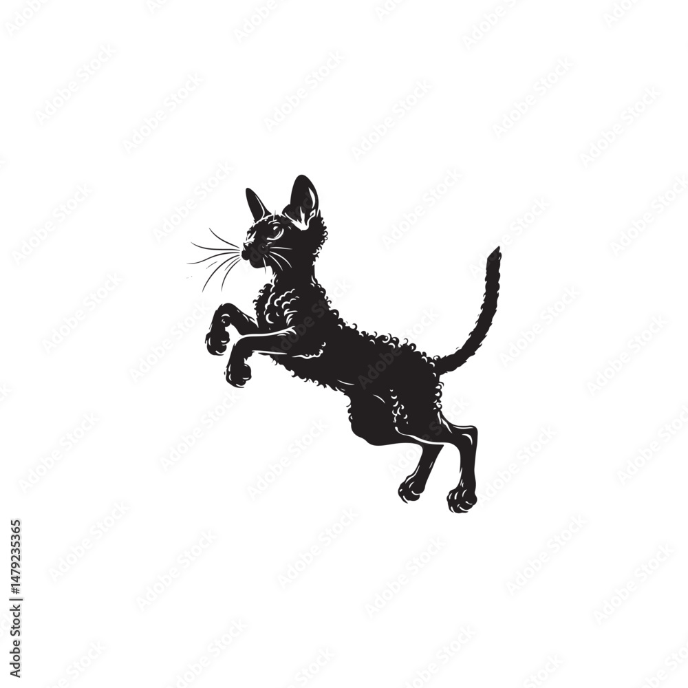 Fototapeta premium Devon Rex Cat Vector Silhouette: Distinctive Big-Eared Feline with Curly Fur, Slender Body, and Playful Expression Captured in a Clean, Modern, and Minimalist Silhouette Art Style. 