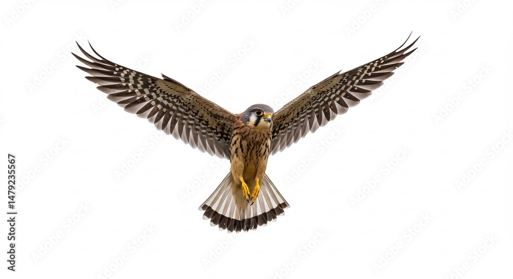 Fototapeta premium Majestic falcon gracefully soars against bright white background showcasing detailed plumage.. AI Generated