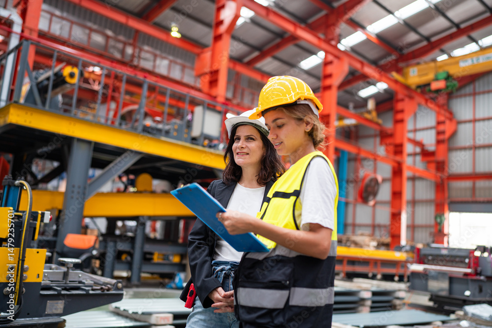 custom made wallpaper toronto digitalChief Engineer and Project Manager Wearing Safety Vests and Hard Hats, Talking and planning optimization of production at industrial factory.