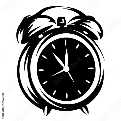Detailed black and white vector graphic of a classic alarm clock image