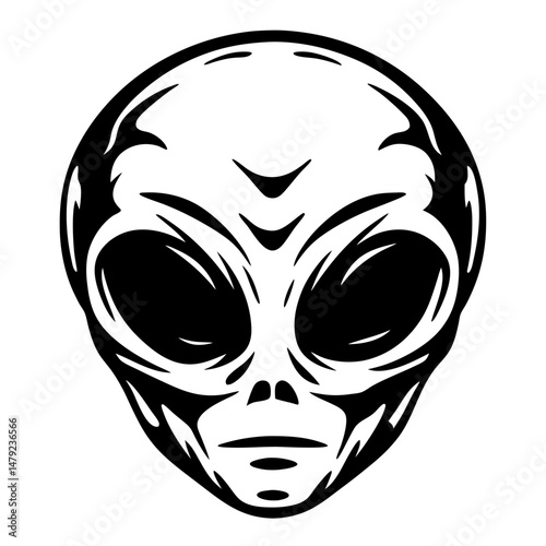 Abstract representation of an alien face with large eyes in black and white