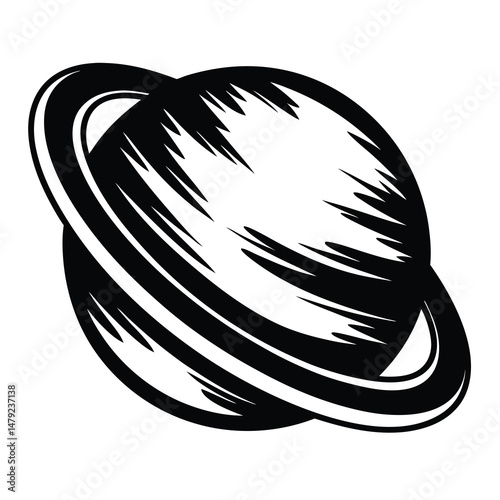 Dramatic black and white illustration of an abstract ringed planet in space