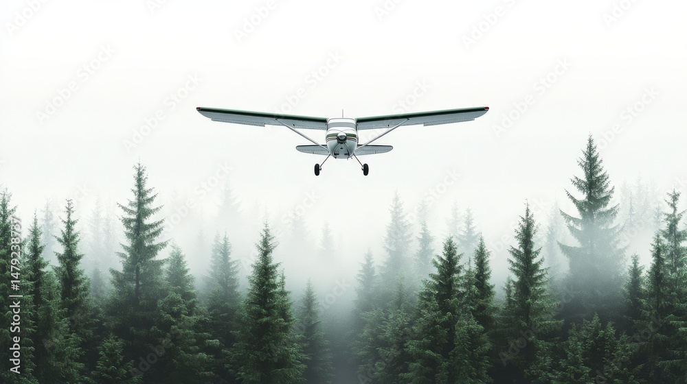 Airplane Flying Over Dense Forest in Foggy Conditions Airplane Flying Over Dense Forest in Foggy Conditions
