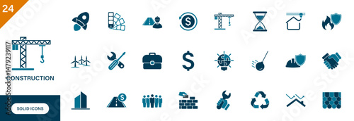 Construction icon. Containing build, 3d house printing, dismantling, roof, safety, crane, engineering. Solid vector icons set.