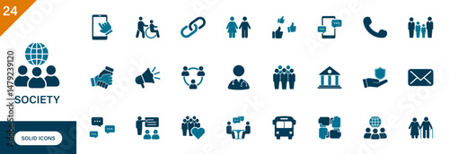 Society icon. Containing community, support, public, social network, communication, people. Solid vector icons set.